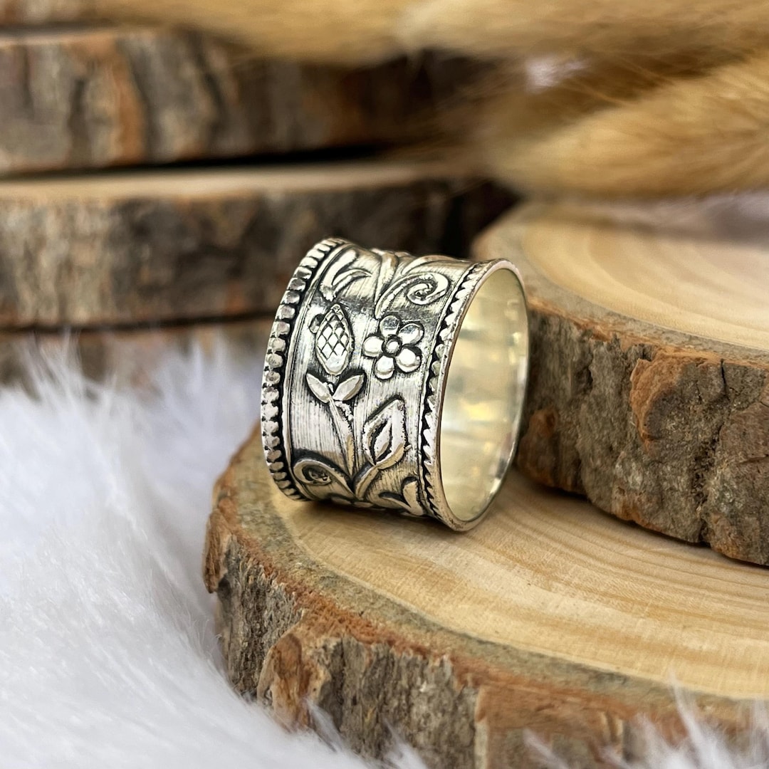 Sterling Silver Wide Band Ring: Floral Boho Artisan Jewelry - Etsy