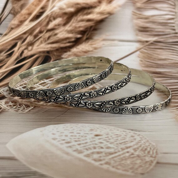 Oxidized Silver Bangle Set | Tribal Floral Kada, Boho Ethnic