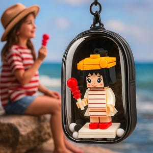 Può includere: Una figura in stile Lego di una ragazza che tiene in mano un lecca-lecca rosso all'interno di una custodia trasparente a forma di cupola con una cornice nera. La figura indossa un cappello giallo, un vestito bianco a righe rosse e scarpe rosse. La custodia è appesa a un anello nero.