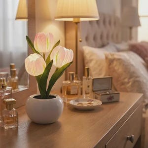 LED Tulip Night Light, Ceramic Pot Lamp, Dimmable Flower Table Decor