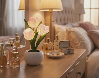 LED Tulip Night Light, Ceramic Pot Lamp, Dimmable Flower Table Decor