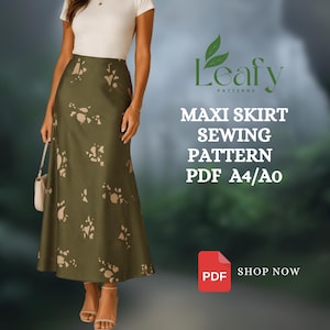 Puede incluir: Un patrón de costura de falda larga en formato PDF. La falda es de color verde oliva con un estampado floral. La imagen incluye el texto "Leafy Patterns" y "Maxi Skirt Sewing Pattern PDF A4/Ao". También se ve un icono PDF rojo.