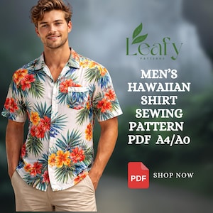 Pode incluir: Camisa havaiana branca com uma estampa floral vibrante em vermelho, laranja, amarelo e azul. A camisa tem mangas curtas e um bolso no peito. A imagem também inclui o texto "MEN'S HAWAIIAN SHIRT SEWING PATTERN PDF A4/AO".