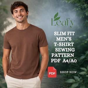 May include: A brown slim-fit t-shirt sewing pattern PDF A4/A0. The image features a man wearing the t-shirt. The text on the image says "Leafy Patterns" and "Shop Now".