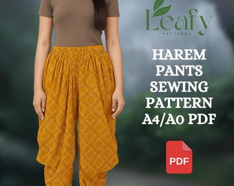 May include: Mustard yellow harem pants with a geometric pattern. The pants are paired with a brown t-shirt. The image also includes text that reads "Leafy Patterns, Harem Pants Sewing Pattern A4/AO PDF". A red PDF icon is also visible.