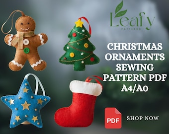 Puede incluir: Una colección de adornos navideños hechos a mano, que incluyen un hombre de jengibre, un árbol de Navidad, una estrella y un calcetín. Los adornos están hechos de fieltro y presentan detalles decorativos. La imagen incluye el texto "CHRISTMAS ORNAMENTS SEWING PATTERN PDF A4/AO".