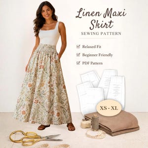 May include: A maxi skirt with a floral print featuring green, orange, and brown botanical elements on a cream background. The skirt has a smocked waistband and side pockets. Text reads: Linen Maxi Skirt SEWING PATTERN, Relaxed Fit, Beginner Friendly, PDF Pattern, XS - XL.