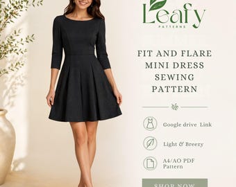 Fit and Flare Mini Dress Sewing Pattern PDF, Long Sleeve Skater Dress, A-Line Dress Pattern, Elegant Wedding Dress, Party Dress Pattern