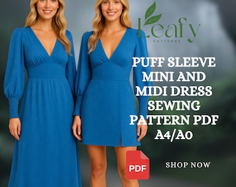 May include: Two women wearing blue puff sleeve mini and midi dresses. The dresses have a V-neck and long sleeves. Text on the image reads "Leafy Patterns" and "PUFF SLEEVE MINI AND MIDI DRESS SEWING PATTERN PDF A4/AO".