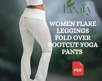 Fold Over Yoga Pants Sewing Pattern PDF | Women Flare Leggings DIY | Comfy Lounge And Activewear Pattern | Fold over Wide Leg Pants PDF