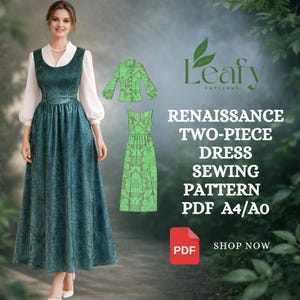 Puede incluir: Una mujer lleva un vestido renacentista de dos piezas color verde azulado con mangas blancas. La imagen incluye un patrón de vestido verde y el texto "RENAISSANCE TWO-PIECE DRESS SEWING PATTERN PDF A4/AO" y "SHOP NOW". También se ve el logotipo de Leafy Patterns.