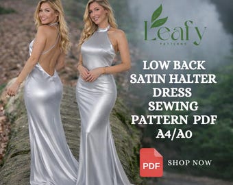 Patrón de costura para vestido largo de satén (PDF) / Vestido sin mangas con cuello halter y espalda en V pronunciada / Patrón de vestido de satén para dama de honor formal y mini