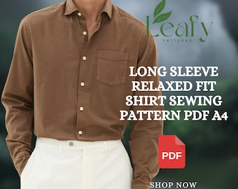 Patron de couture pour chemise coupe décontractée en lin à manches longues PDF | Chemise décontractée surdimensionnée avec poche | Pdf de patron numérique facile à coudre A4