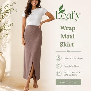 May include: A white short-sleeved t-shirt paired with a brown ribbed wrap maxi skirt featuring a front slit. The text Leafy PATTERNS Wrap Maxi Skirt is displayed alongside icons for PDF, multiple sizes, and A4/US/A0 letter PDF pattern formats.