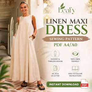 Pode incluir: Uma mulher veste um vestido maxi de linho bege sem mangas. A imagem inclui o texto "LINEN MAXI DRESS SEWING PATTERN PDF A4/A0". O texto adicional destaca um design elegante e tecido de linho, ideal para costura.