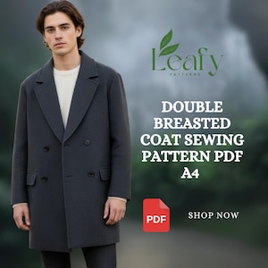 Op de afbeelding: Een donkergrijze dubbelbreasted jas. De afbeelding bevat de tekst "Leafy Patterns" en "Double Breasted Coat Sewing Pattern PDF A4". Een rood PDF-pictogram is ook zichtbaar.