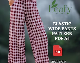 Patrón de pantalones anchos elásticos en PDF / Patrón de pantalones de cintura alta / Pantalones de pijama de pierna ancha con tiro alto