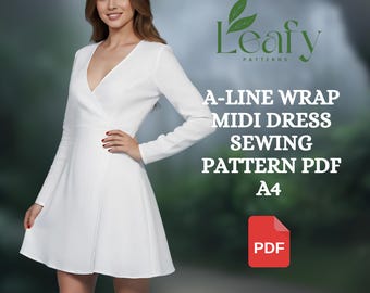 A-Line Midi Wickelkleid Schnittmuster PDF | Damen Leinen Wickelkleid Digital Download | DIY elegantes A-Line-Kleid Schnittmuster