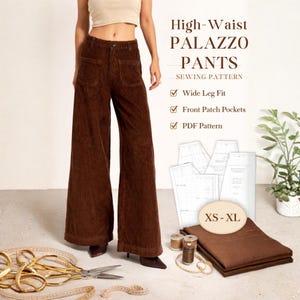 May include: A woman wearing high-waist palazzo pants in a rich brown corduroy fabric. The image includes a sewing pattern, fabric, and notions. Text on the image reads "High-Waist Palazzo Pants Sewing Pattern" with features like "Wide Leg Fit" and "Front Patch Pockets."