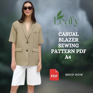 May include: A woman wearing a tan short-sleeved blazer and white shorts. The image includes text that reads "Leafy Patterns" and "Casual Blazer Sewing Pattern PDF A4". A red PDF icon is also present with the words "Shop Now".