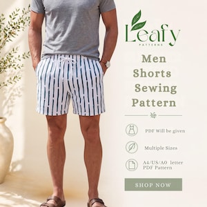 May include: Shorts with a white and dark blue vertical dashed stripe pattern, featuring an elastic waistband with a white drawstring. Text includes Leafy Patterns, Men Shorts Sewing Pattern, PDF Will be given, Multiple Sizes, A4/US/A0 letter PDF Pattern, SHOP NOW.