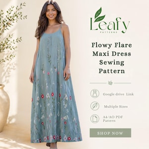 Op de afbeelding: Een lichtblauwe maxi-jurk met bloemenborduurwerk, spaghettibandjes en een zwierige pasvorm. De afbeelding toont ook de tekst "Flowy Flare Maxi Dress Sewing Pattern" en het "Leafy Patterns" logo.