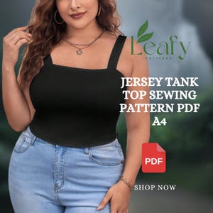 May include: A black jersey tank top with a square neckline. The image includes text that reads "Jersey Tank Top Sewing Pattern PDF A4" and a "Shop Now" button. The top is paired with light blue jeans.