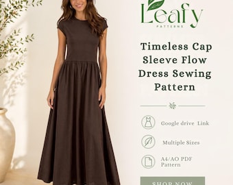 Women’s Maxi Dress Sewing Pattern PDF – Cap Sleeve Round Neck Dress – Flowy Elegant Long Dress – Casual Minimal Dress Pattern