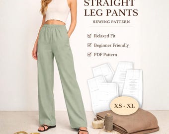 Op de afbeelding: Een vrouw draagt een lichtgroene broek met elastische tailleband en rechte pijpen. De afbeelding bevat naaipatronen, zoals stof, garen en een schaar. De tekst op de afbeelding luidt "Elastic Waist STRAIGHT LEG PANTS SEWING PATTERN".