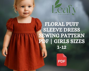 Mönster för blommig klänning med puffärm i PDF-format | Flickstorlekar 1-12 | Sömnad av klänningar för småbarn och barn | Flera halsringningsalternativ ingår, endast A4