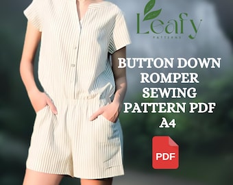 Romper Sewing Pattern PDF | Women’s Tie Waist Jumpsuit | Button Down Round Neck Playsuit | Summer Casual Sewing Pattern