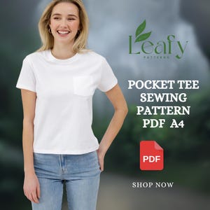 以下が含まれることがあります： 丸い首と短い袖が付いた白いポケットTシャツ。シャツはブルージーンズと組み合わせています。画像には「Leafy Patterns」と「Pocket Tee Sewing Pattern PDF A4」と書かれています。赤いPDFアイコンも表示されています。