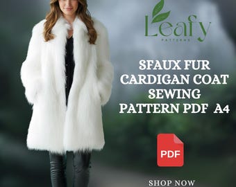 Ladies Winter Jacket Sewing Pattern PDF | Faux Fur Cardigan Coat | V-Neck Long Sleeve Overcoat | Winter Coat Sewing A4 Only