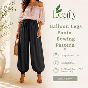 May include: A woman wearing a light pink off-the-shoulder top and dark gray balloon leg pants. The image includes text that reads "Leafy Patterns" and "Balloon Legs Pants Sewing Pattern". The image also includes a woven handbag.
