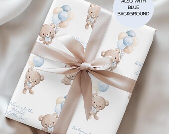 Teddy Bear Baby Boy Gift Wrap Baby Shower Wrapping Paper Boho Bears and Balloons Watercolor Blue Wrap Rolls for Newborn Gifts