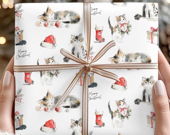 Christmas Wrapping Paper Cats Watercolor Pattern Wrap Rolls Kitten Print Kitty Holiday Gift Wrap for Cat Lover