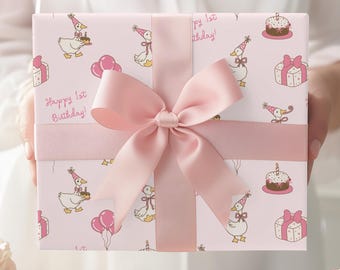 Goose Baby Girl's First Birthday Gift Wrap Paper Duck Pattern Wrapping Rolls Baby's 1st Birthday for One Year Old