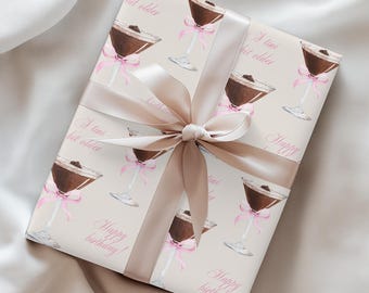 A Tini Bit Older Pink Bow Espresso Martini Pattern Wrapping Paper Happy Birthday Celebration Party Gift Wrap Rolls for Girls