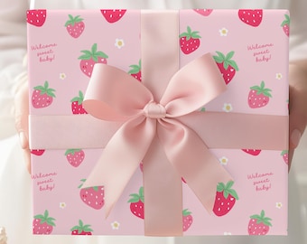 Strawberry Baby Shower Wrapping Paper Pink Baby Shower Gift Wrap Berry Sweet Baby Shower Gift Wrap Rolls