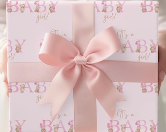 Pink Baby Shower Wrapping Paper Cute Watercolor Pastel Bears Balloons It's a Girl Gift Wrap Rolls