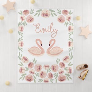 Pink Floral Swan Baby Blanket Girl Personalized Nursery Gift for Newborn Name Blanket Baby Shower Present Custom Baby Rooms Bedding Decor