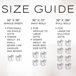 K&ouml;nnte beinhalten: Eine Gr&ouml;&szlig;entabelle mit dem Text "SIZE GUIDE" oben. Sie zeigt die Gr&ouml;&szlig;en von Geschenkpapier: 76cm x 91cm (Einzelblatt), 76cm x 183cm (halbe Rolle) und 76cm x 457cm (ganze Rolle).