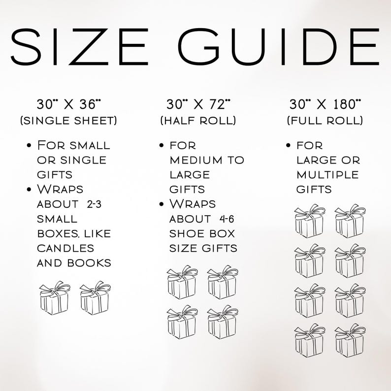 K&ouml;nnte beinhalten: Eine Gr&ouml;&szlig;entabelle mit dem Text "SIZE GUIDE" oben. Sie zeigt die Gr&ouml;&szlig;en von Geschenkpapier: 76cm x 91cm (Einzelblatt), 76cm x 183cm (halbe Rolle) und 76cm x 457cm (ganze Rolle).