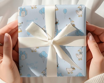 Goose Baby Boy's First Birthday Gift Wrap Paper Duck Pattern Wrapping Rolls Baby's 1st Birthday for One Year Old