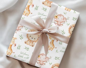 Little Wild One Baby Shower Gender Neutral Wrapping Paper Safari Animals Theme Gift Wrap for Babies with Lion Giraffe Elephant