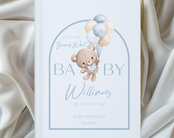 Teddy Bear Baby Shower Guest Book Custom Blue Boy We Can Bearly Wait Guestbook Personalized Cute Bears Balloons Advice & Wishes Book