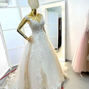 Champagne Lace Applique Wedding Dress | Handmade A-Line Bridal Gown
