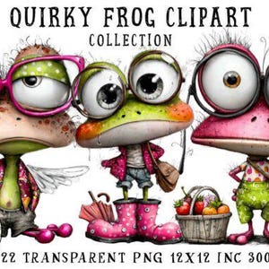 Quirky Frog Clipart Collection: Whimsical Frogs PNG Set for Crafts Scrapbooking (Digital Download)