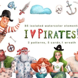 Pirates Watercolor Clipart Set: Nautical Adventure Characters and Sea Elements for Kids (Digital Download)