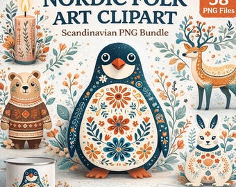 Clipart art folklorique scandinave : illustrations de personnages et de fleurs nordiques (téléchargement numérique)